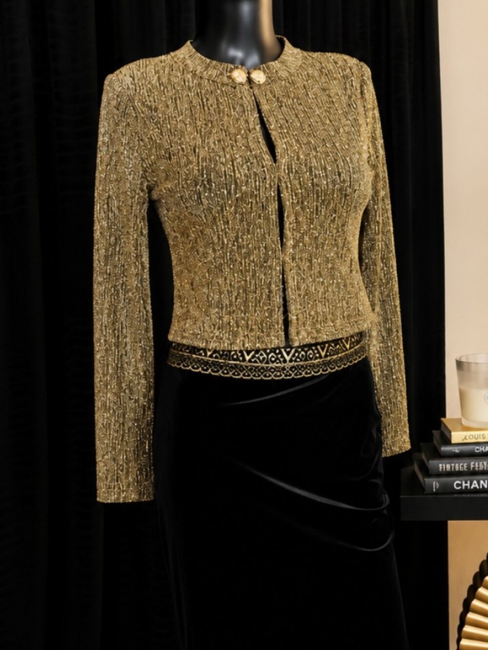 Vintage Textured Gold Evening Blazer with Decorative Trim New